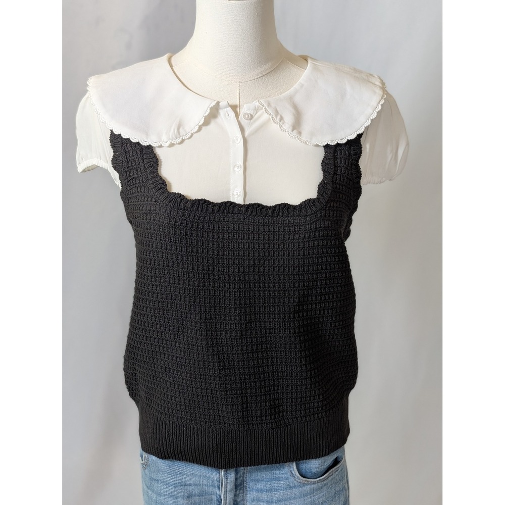 Black White Peter Pan Collar Knit Top Womens SizeM Whimsigoth Dark Academia Goth